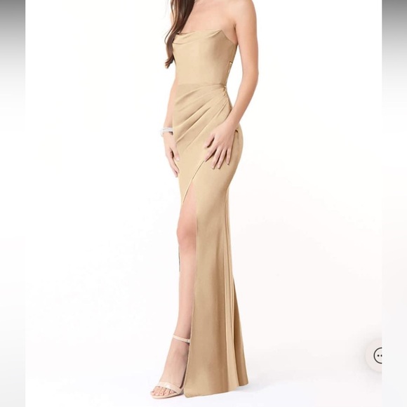 AZAZIE LEONIS Stretch Champagne Fitted Pleated Stretch Satin Dress - Picture 3 of 4